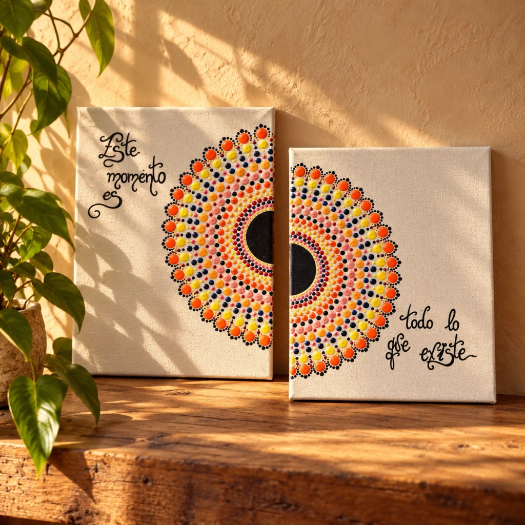 A white diptych with an orange and yellow mandala and the Spanish words Este momento es todo lo que existe