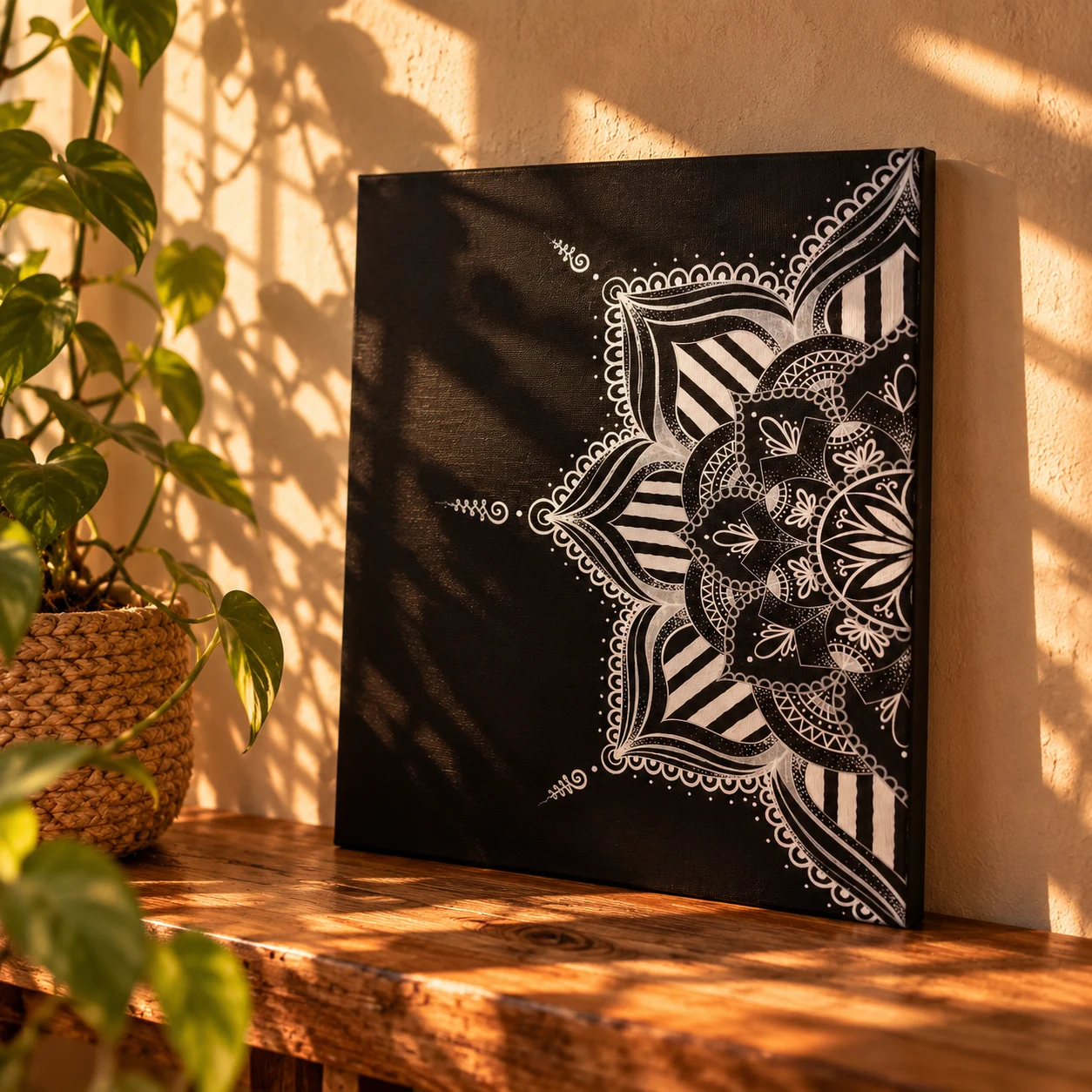 Detalle de un cuadro negro con medio mandala blanco de pétalos y tramas geométricas