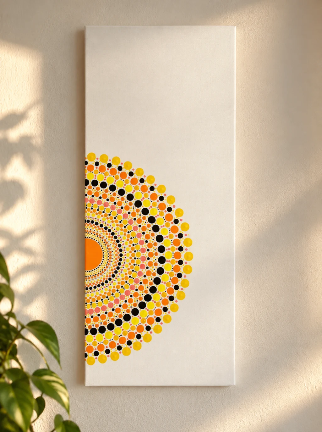 Lienzo blanco vertical con un semimandala de puntos amarillos y naranjas