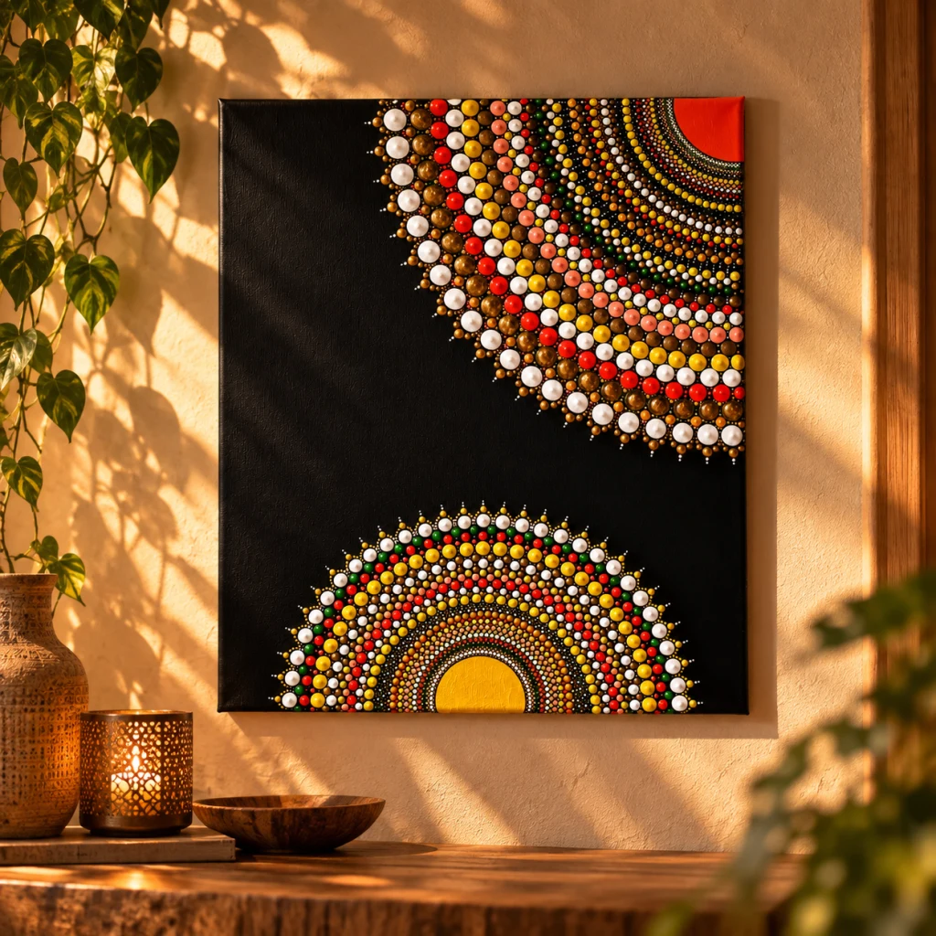A black painting with two colourful mandalas in a warmly lit room