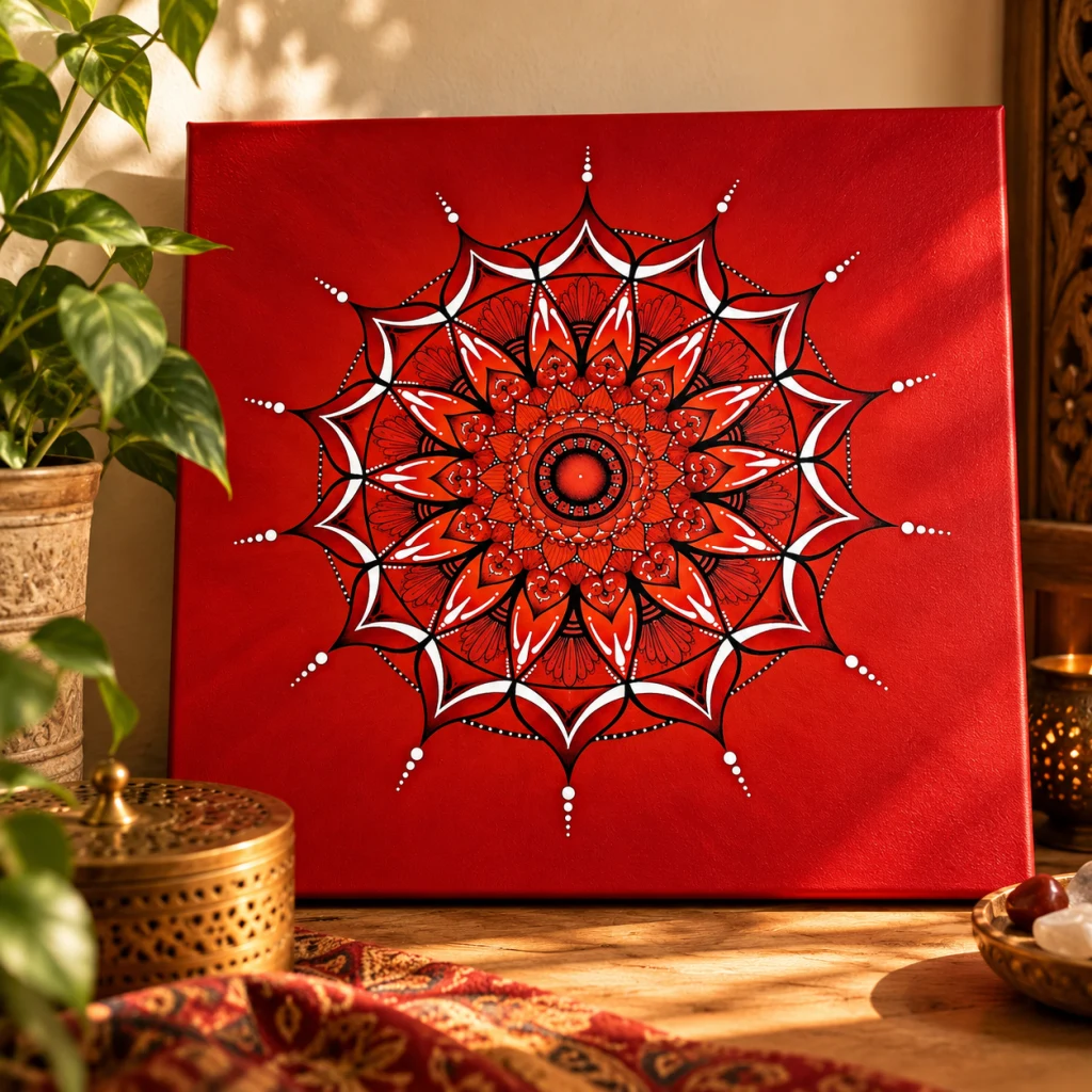 Lienzo rojo con un mandala central de trazos blancos y negros