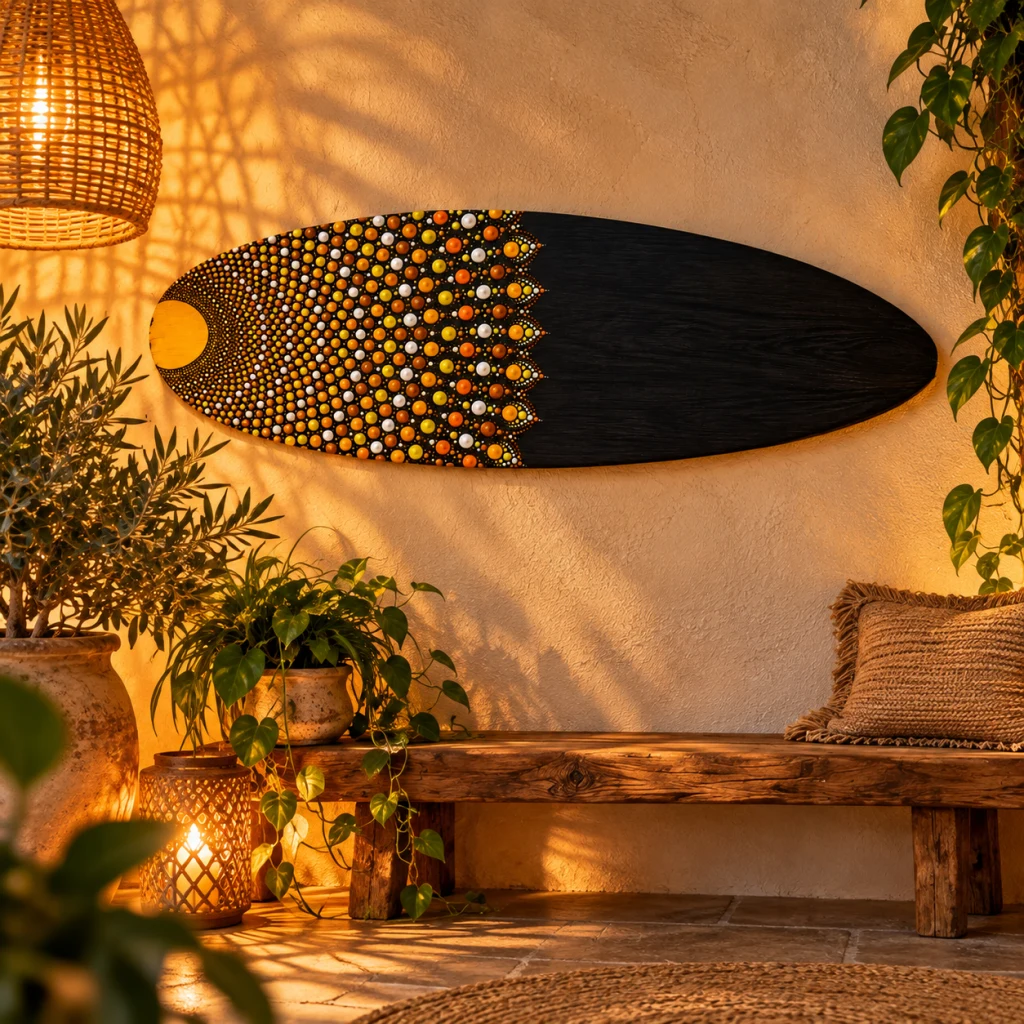 Tabla decorativa negra con un mandala de puntos amarillos y blancos en uno de sus extremos