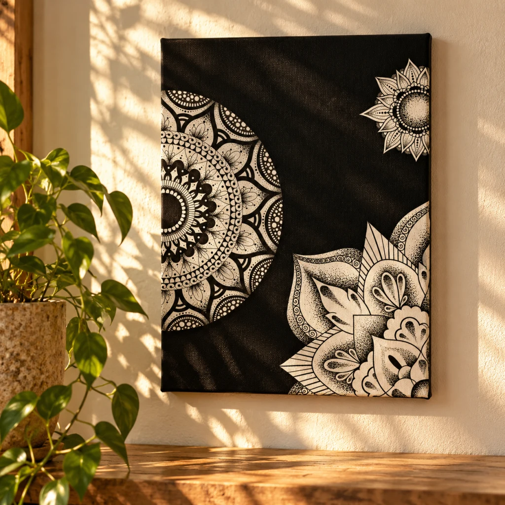 Cuadro negro con tres motivos de mandala en blanco distribuidos en los bordes