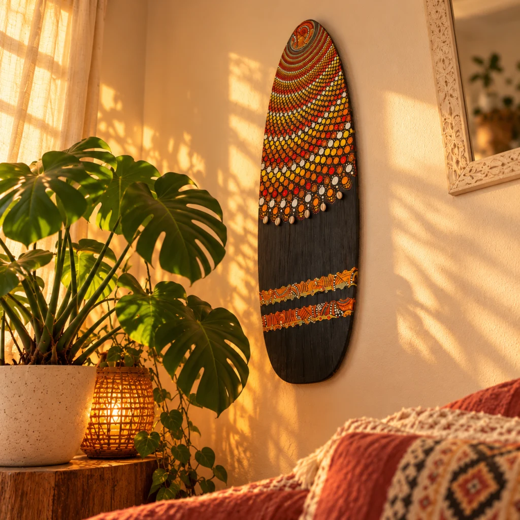 Tabla decorativa negra pintada en tonos cálidos, colgada en una pared junto a plantas