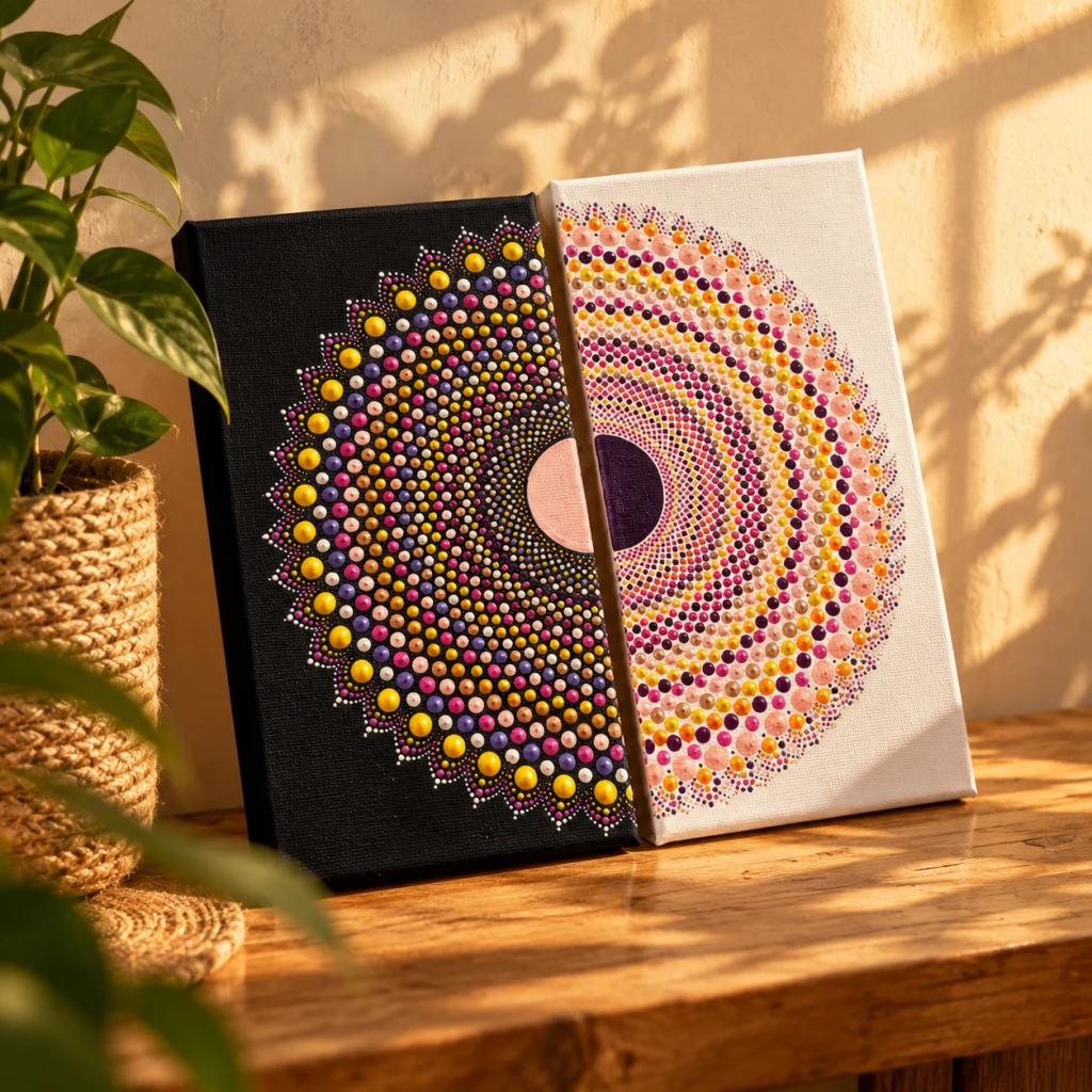 Dos lienzos, uno blanco y otro negro, con semimandalas en rosas, violetas y amarillos
