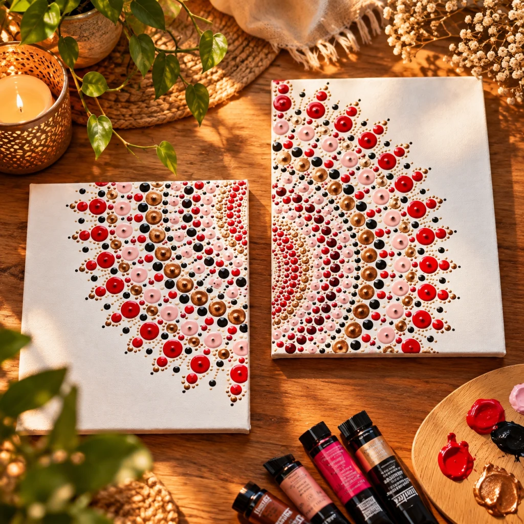 Pareja de lienzos blancos con puntos rojos, rosas, negros y cobrizos sobre una mesa de trabajo