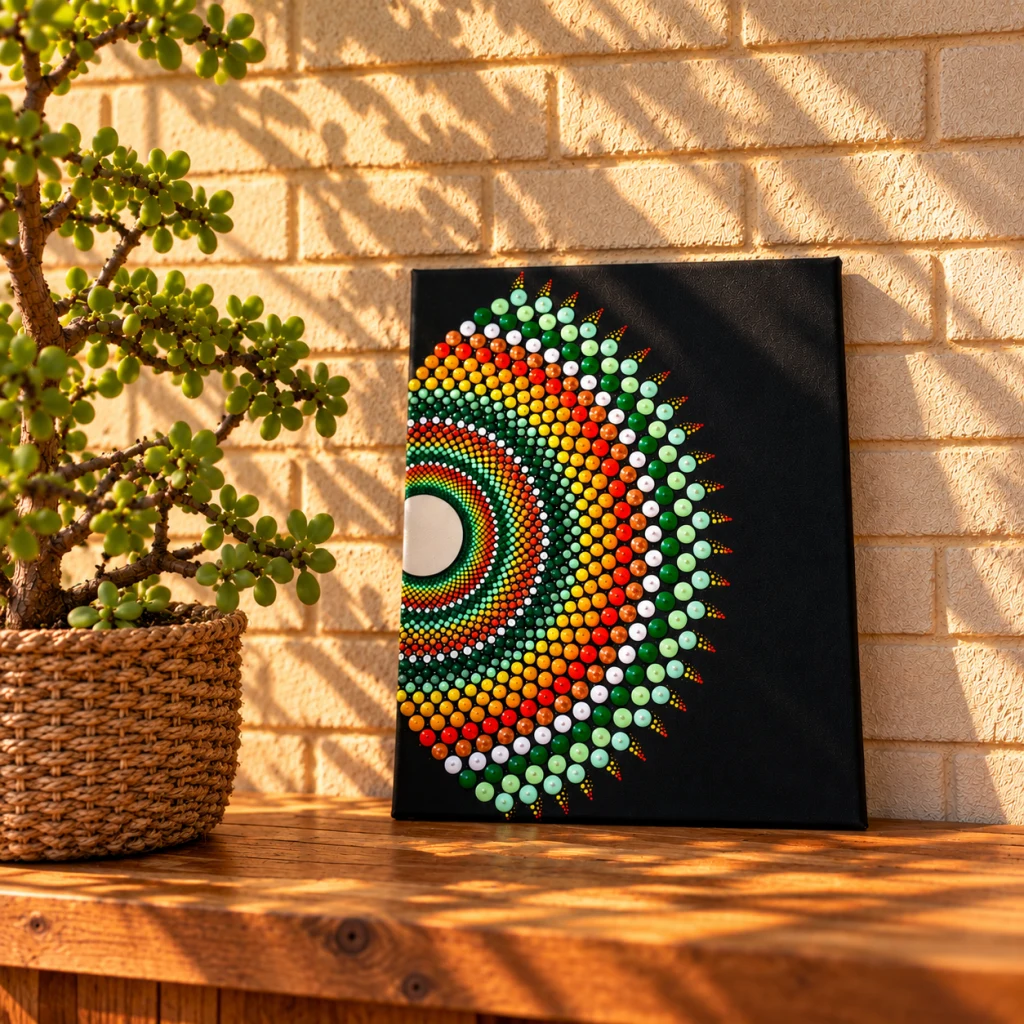 A black canvas with a green, yellow and orange half-mandala among plants