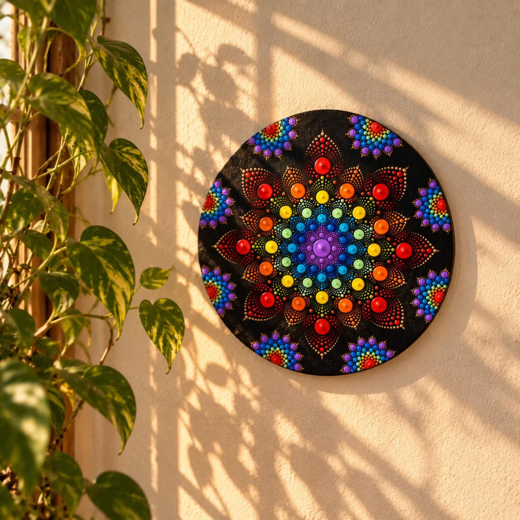 Obra circular negra con un mandala de puntos en colores del arcoíris