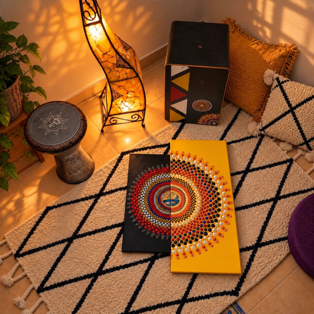 Paintings by Clara Moreno with decorative objects in a warmly lit corner