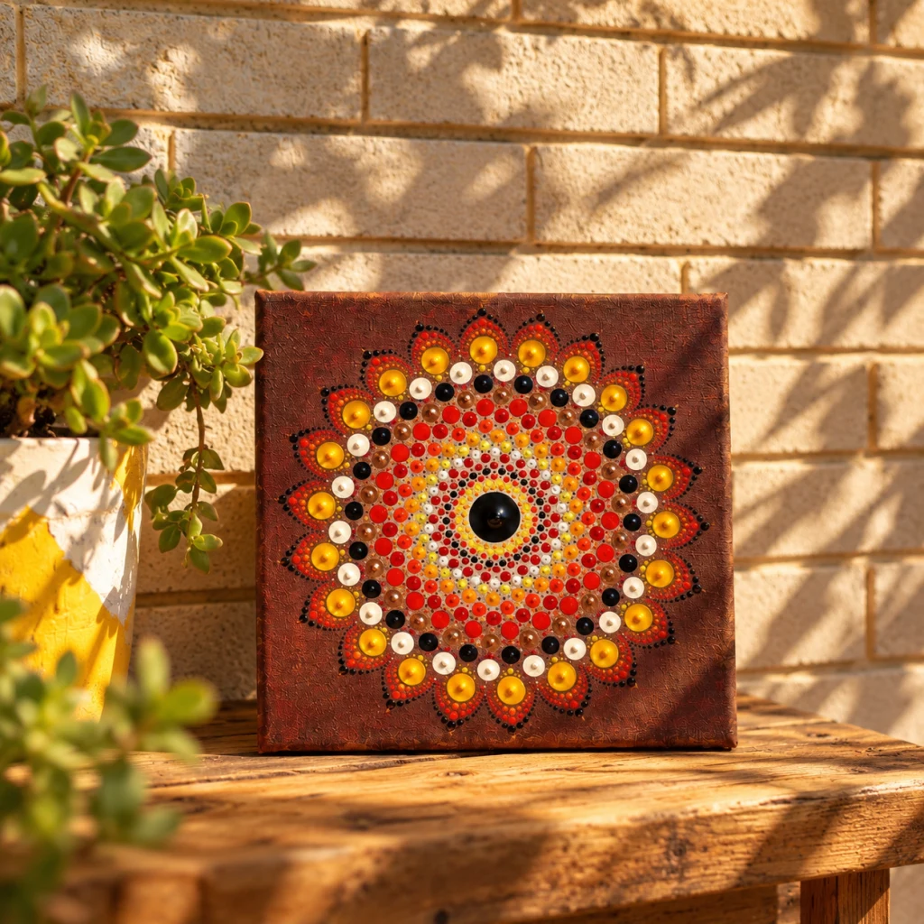 Cuadro cuadrado en tonos tierra con mandala amarillo, naranja, blanco y negro